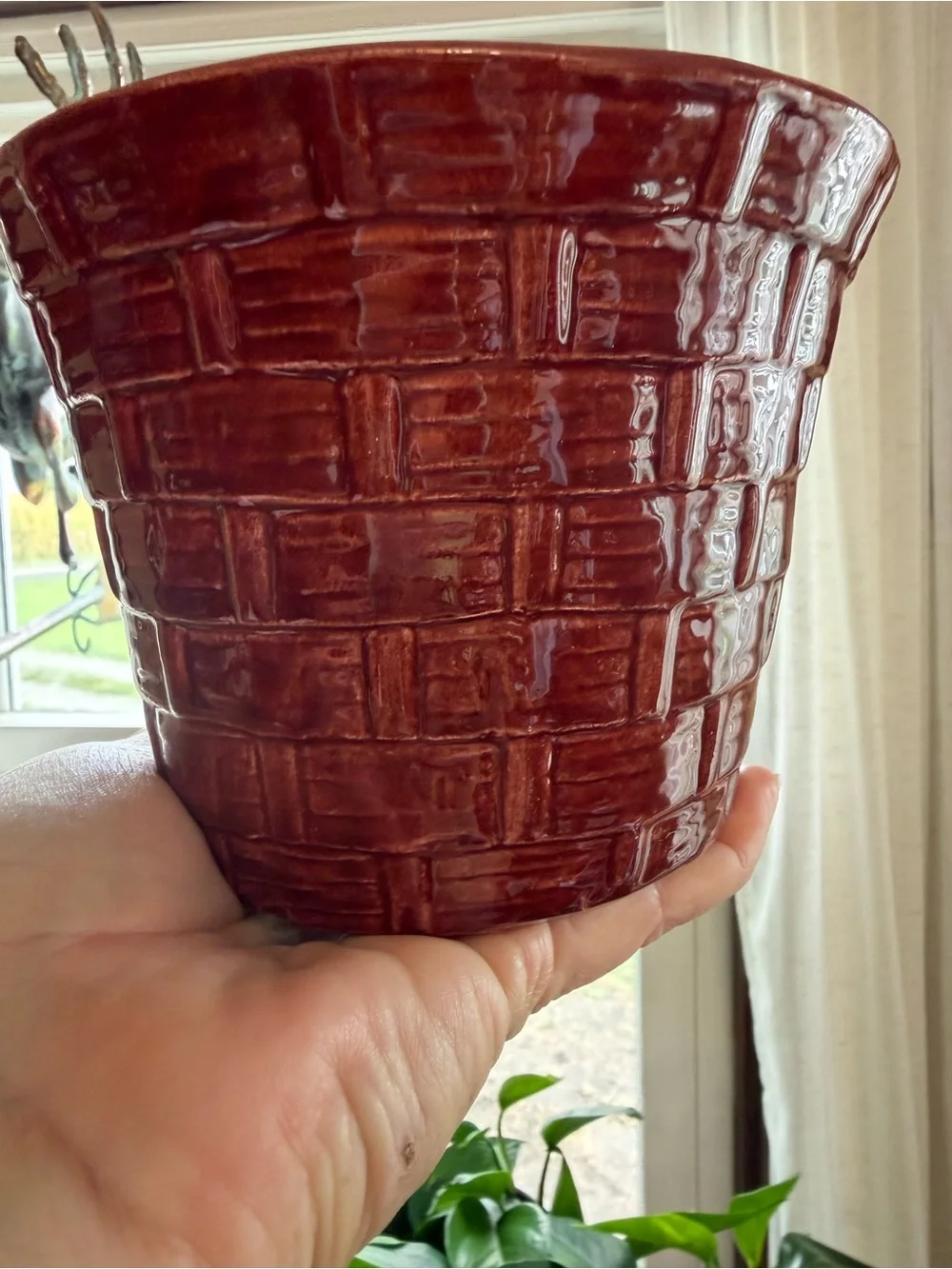 Glossy Deep Red Ceramic Planter with Basketweave Texture